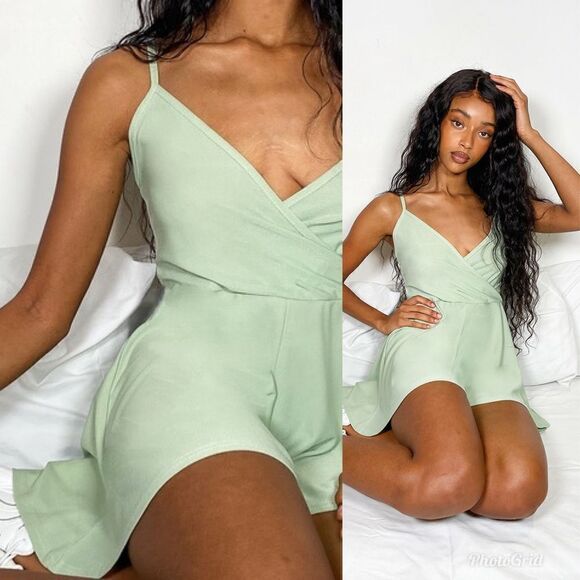 PrettyLittleThing Sage Green Crepe Strappy Wrap Romper - Picture 2 of 7